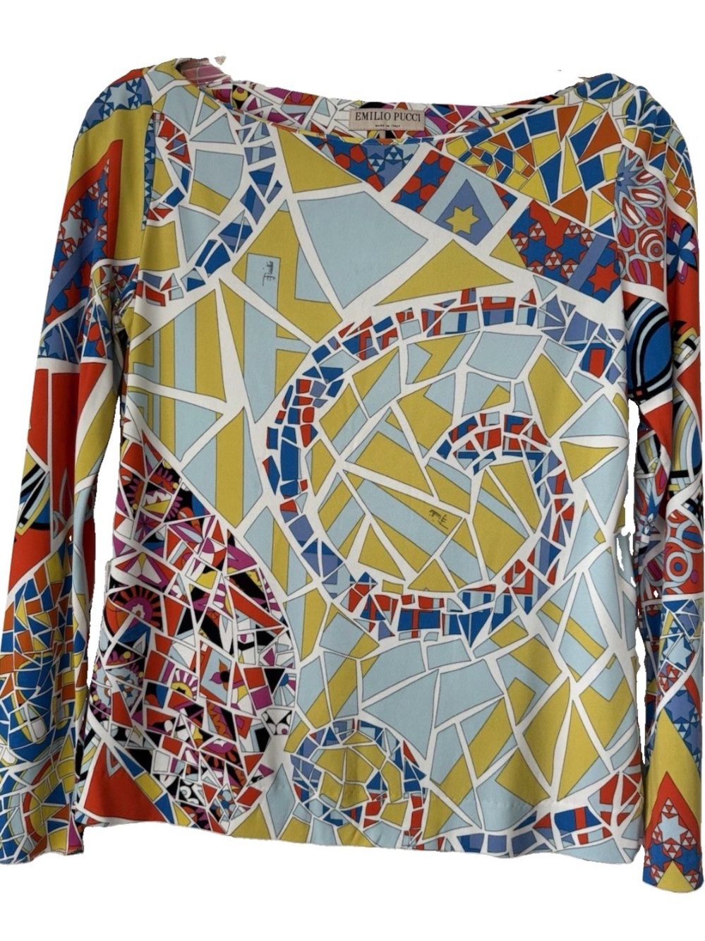 Emilio Pucci Multicolor Mosaic Print Long-Sleeve Top, Size 6